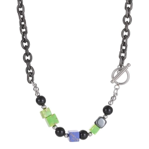 Industrial black chain necklace with black agate beads and colorful cubic stones