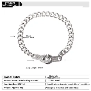 Men's titanium steel Cuban chain bracelet with unique handcuff clasp in silver finish