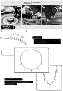 Detailed macro view of titanium steel necklace with spike pendants and lobster clasp closure