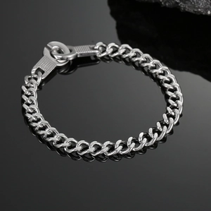 Men's Stainless Steel Handcuff Clasp Cuban Link Bracelet Retro Punk Simple Hip Hop Silver Jewelry Fashion Wrist Chain