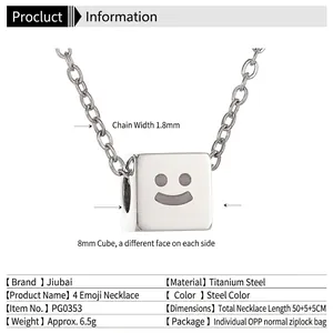 Titanium steel necklace with 8mm square emoji pendant and 60cm silver box chain
