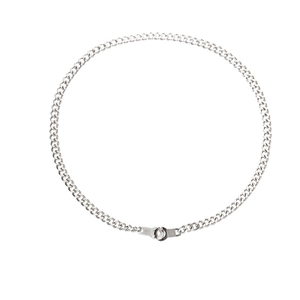 Detail view of silver Cuban chain necklace featuring a unique handcuff design clasp