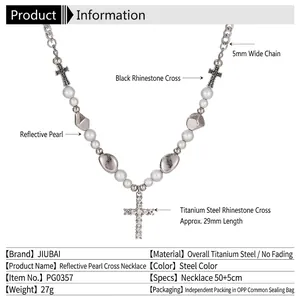 Halskette mit reflektierenden Perlen und schwarzem Kreuz aus Silber-Titanstahl für Herren