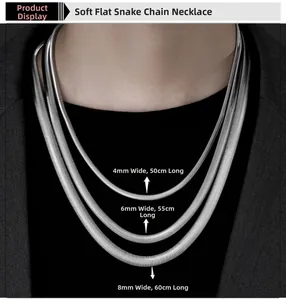 Flat snake chain necklaces in 4mm, 6mm, and 8mm widths on a model with metallic finish
