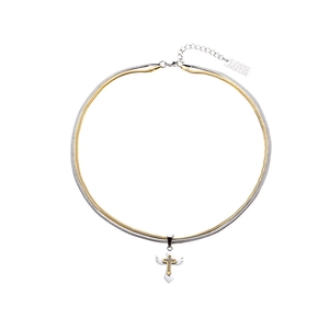 Two-tone snake chain necklace with winged cross pendant and diamond inlay
