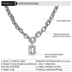 Double-layer stainless steel necklace with emerald-cut zirconia pendant for men and women