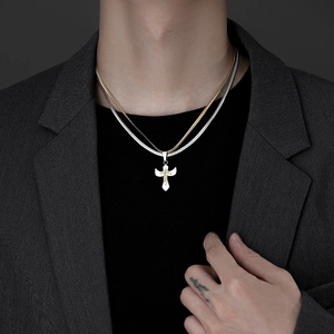Gothic double layer snake chain necklace with silver cross and white wings for men and women