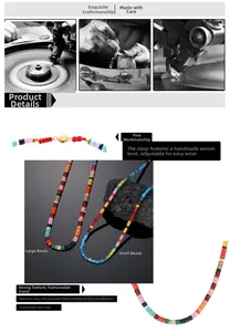 Detail of colorful beaded necklace featuring golden heart clasp and braided red cord