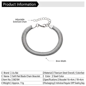 Flat snake chain bracelet in polished stainless steel with 8mm width and adjustable clasp