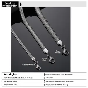 Titanium steel blade chain necklace available in 4mm, 6mm, and 8mm widths with specs chart