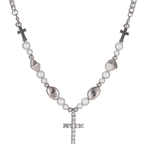 Titanstahl Kreuz Anhänger Halskette Reflektierende Künstliche Perle Zirkonia Eingelegt Panzerkette Gotisch Hip Hop Schmuck Für Herren Unisex Streetwear