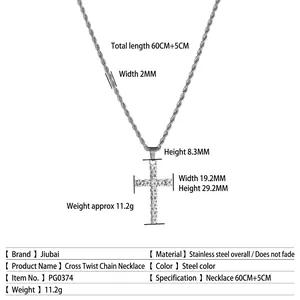 Collier avec pendentif croix en acier titane et pierres brillantes sur chaîne corde de 60 cm