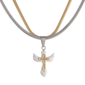 Titanium Steel Double Layer Angel Wing Cross Pendant Necklace Gold Silver Snake Chain Rhinestone Inlaid Unisex Trendy Jewelry