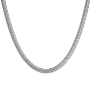 Detailed close-up showing the flexible flat snake chain texture of the steel necklace