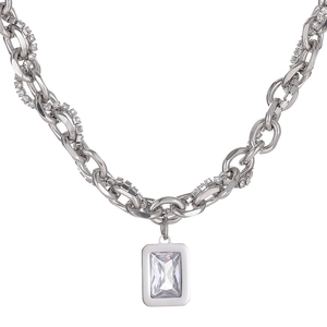 Unisex chunky chain necklace with rectangular gem pendant in silver-tone stainless steel