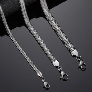 Polished stainless steel snake chain necklaces in three widths with lobster clasps
