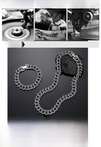 Detailed close-up of a iced-out titanium steel Cuban link chain necklace and bracelet set