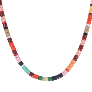 Colorful beaded choker necklace with vibrant rainbow cylinder beads on white background