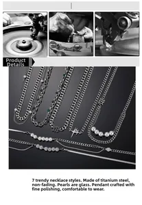 Macro shot of seven assorted titanium steel necklaces with pearls and fine polishing detail