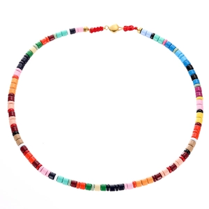 Bohemian Colorful Beaded Necklace Rainbow Candy Color Cylinder Beads Alloy Heart Clasp Layering Choker Jewelry For Women