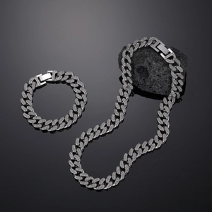 Hip hop silver Cuban link necklace and bracelet set with sparkling cubic zirconia pavé