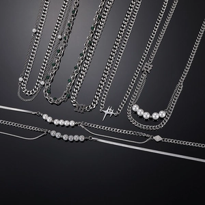 Titanium Steel Artificial Pearl Necklace Gothic Letter B Cross Star Pendant Stainless Steel Cuban Chain Hip Hop Men Women Jewelry