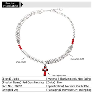 Titanium steel necklace with red cross pendant and layered fishbone chain for men