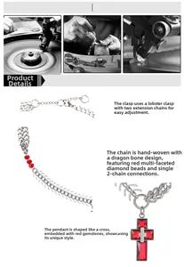 Detail of titanium steel dragon bone chain with red cross pendant and lobster clasp
