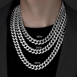 Three men's hip-hop iced out Cuban link necklaces in 50cm, 55cm, and 60cm lengths