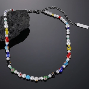 Collana di Perline Da Uomo Perline di Vetro Millefiori Colorate Künstliche Perle Bianche Catena in Acciaio al Titanio Gioielli Hip Hop