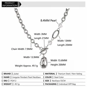 Titanium steel necklace with irregular lava pendant and pearl link on white background