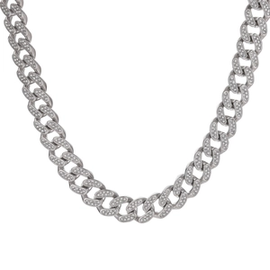 Hip-hop style silver plated Cuban link chain necklace with full CZ pave diamonds