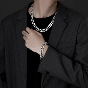 Hip hop silver Cuban link chain necklace and bracelet set with sparkling white zircons
