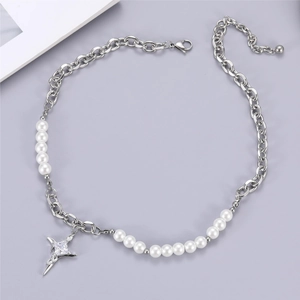 Cross Star Pendant Necklace Artificial Pearl Chain Splicing Stainless Steel Copper Zirconia Hip Hop Punk Jewelry For Women Men