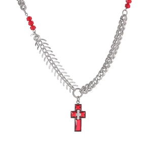 Gothic Punk Stainless Steel Red Cross Pendant Necklace Double Layer Fishbone Cuban Chain Hip Hop Jewelry For Men Women