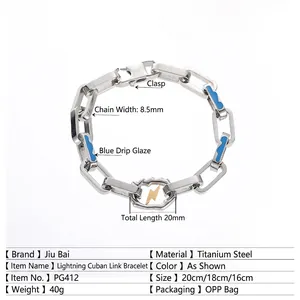 Men's titanium steel cuban chain bracelet with blue lightning charm and silver finish