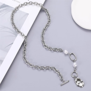 Irregular metal lava pendant necklace with baroque pearls and OT clasp closure