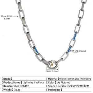 Collier éclair en acier titane streetwear avec résine bleue et grosse chaîne argentée