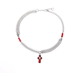 Double-layer stainless steel cross necklace with red beads and fishbone chain design