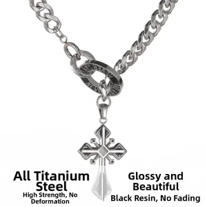 Detail of titanium steel cross pendant with black epoxy and Never Say Die engraving