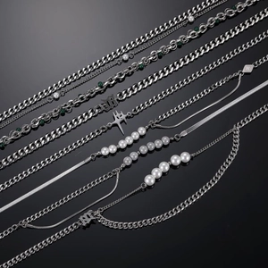 Hip-hop style titanium steel pearl necklaces with gothic pendants on black background