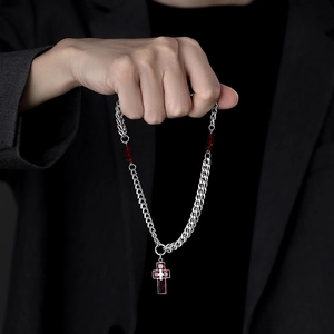 Hip hop titanium steel necklace with a large red cross pendant and double layered chain