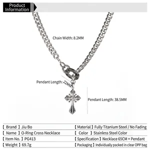 Titanium steel cross pendant necklace with 65cm Cuban chain and detailed measurements