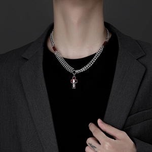 Hip hop titanium steel necklace featuring double-layered fishbone chain and red cross pendant