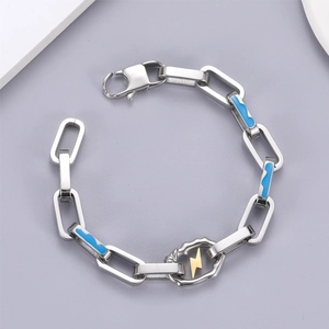Bracelet hip hop pour hommes avec symbole éclair, émail bleu et maillons en acier