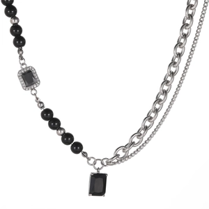 Layered titanium steel necklace with black beads and rhinestone rectangle pendants
