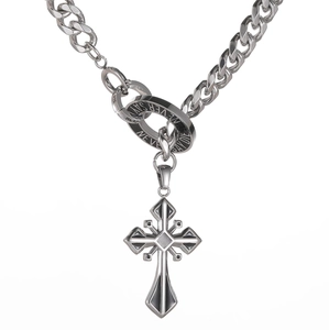 Gothic Cross Pendant Necklace Titanium Steel Cuban Chain Never Say Die Engraved Ring Heavy Industrial Style Jewelry Gift