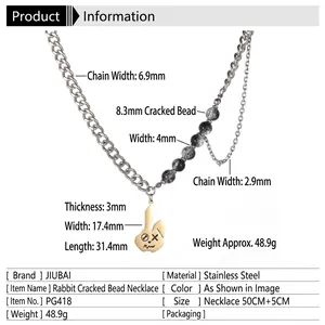 Collier double épaisseur en acier titane avec pendentif lapin et perles éclatées argent