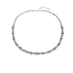 Minimalist titanium steel necklace with green beads and multi-layered silver chains