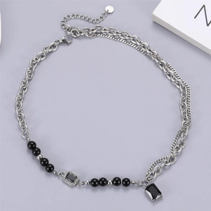 Layered silver titanium steel necklace with black beads and rectangular gemstones